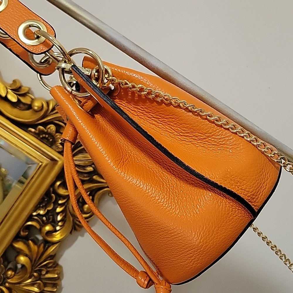 REAL LEATHER Orange Pebble Leather Hobo Bucket Bag - Picture 6 of 12